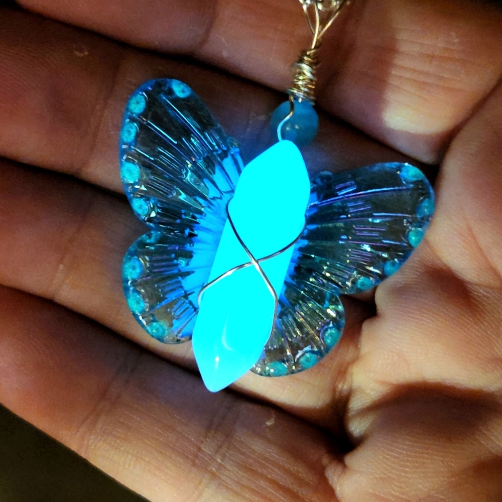 Glow in the Dark Moon Fairy Crystal Butterfly Aura Necklace Wire Wrapped Crystal